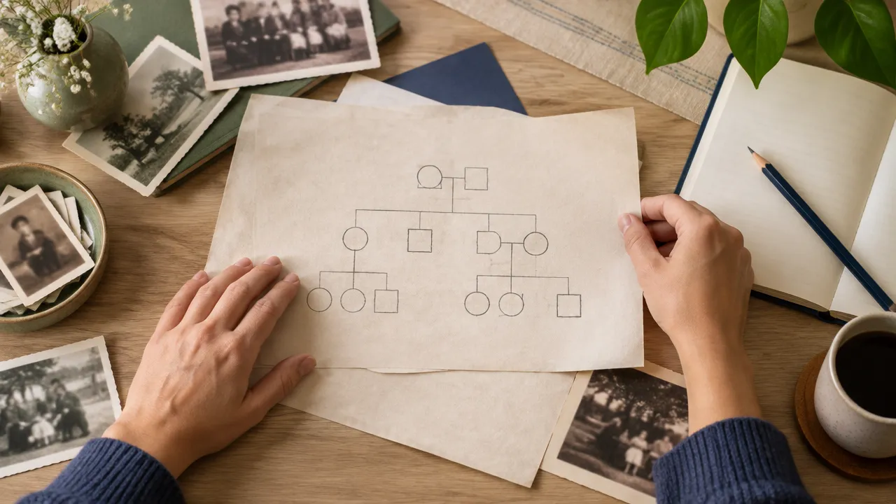 Mãos organizando um mapa familiar desenhado à mão ao lado de fotografias antigas e caderno