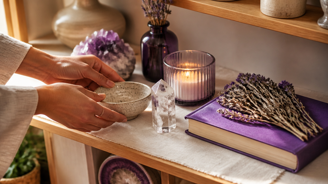 Mãos organizando um pequeno espaço espiritual com vela, cristal e objetos de meditação.