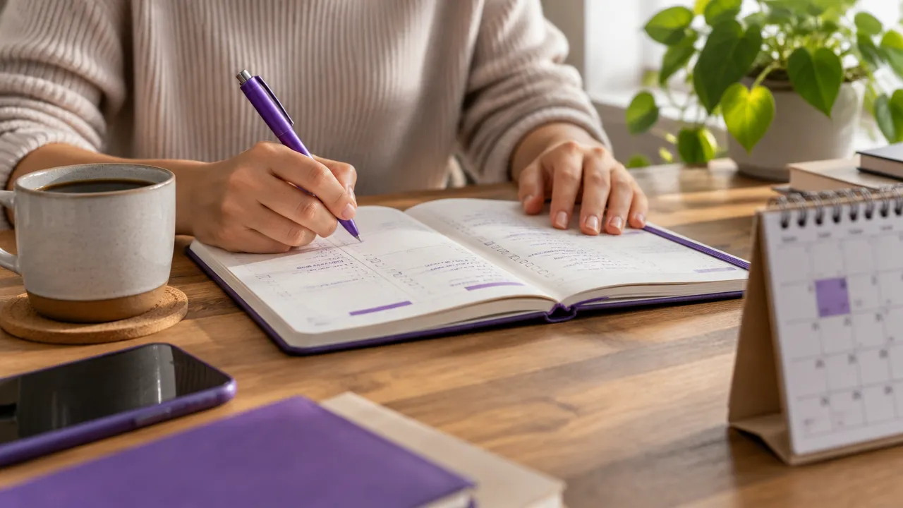 Mãos organizando uma meta e passos práticos em um caderno semanal