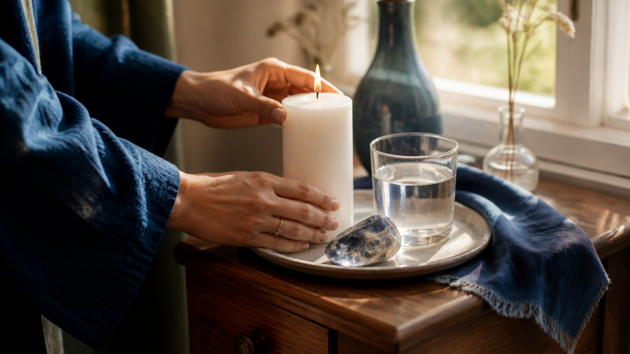 Mãos organizando vela, água e cristal em um pequeno altar doméstico