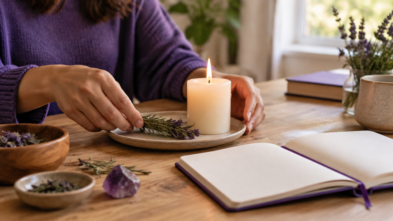 Mãos organizando vela, ervas e caderno em um ritual simbólico de reflexão espiritual