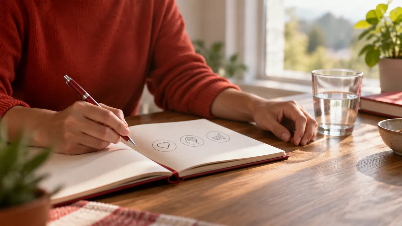 Mãos pausadas sobre um caderno durante uma reflexão consciente sobre consequências e valores