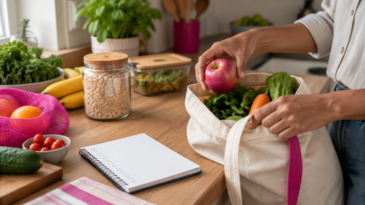 Mãos planejando uma compra consciente com alimentos, sacola reutilizável e pote de vidro