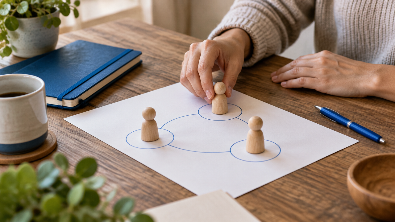 Mãos posicionam pequenas peças de madeira ao lado de um esquema simples durante uma reflexão pessoal