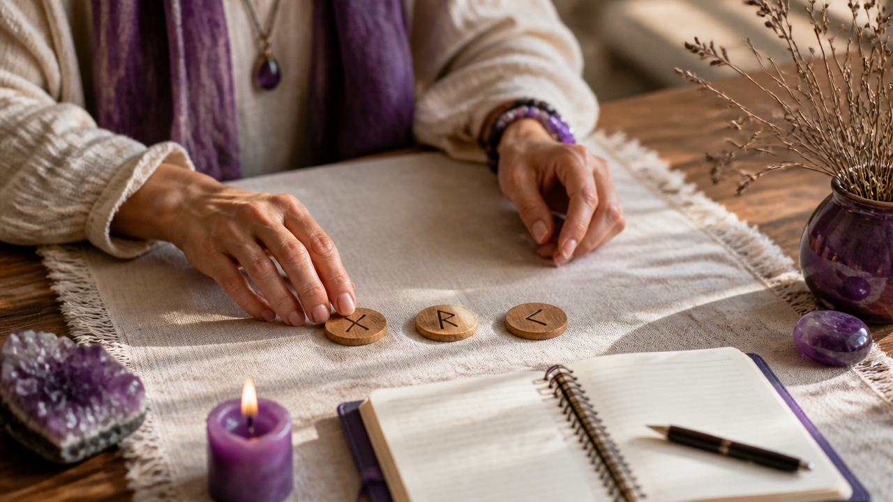 Mãos posicionando três runas sobre uma mesa durante uma leitura oracular.
