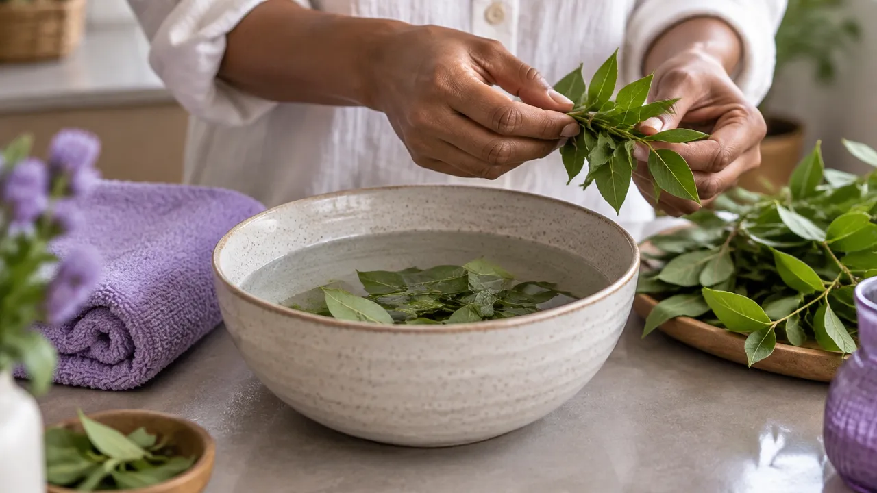 Mãos preparando cuidadosamente água e folhas para um banho espiritual, com tigela e toalha limpa
