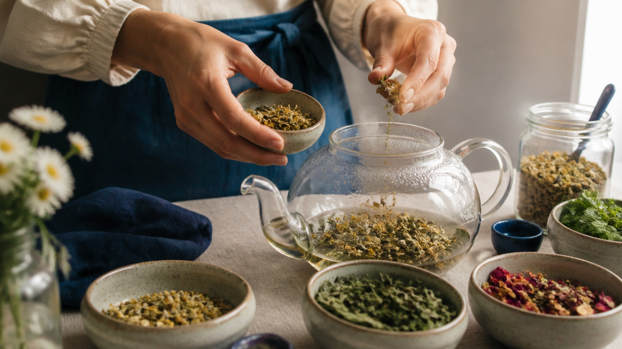 Mãos preparando infusão de ervas em bule de vidro com camomila, hortelã e melissa