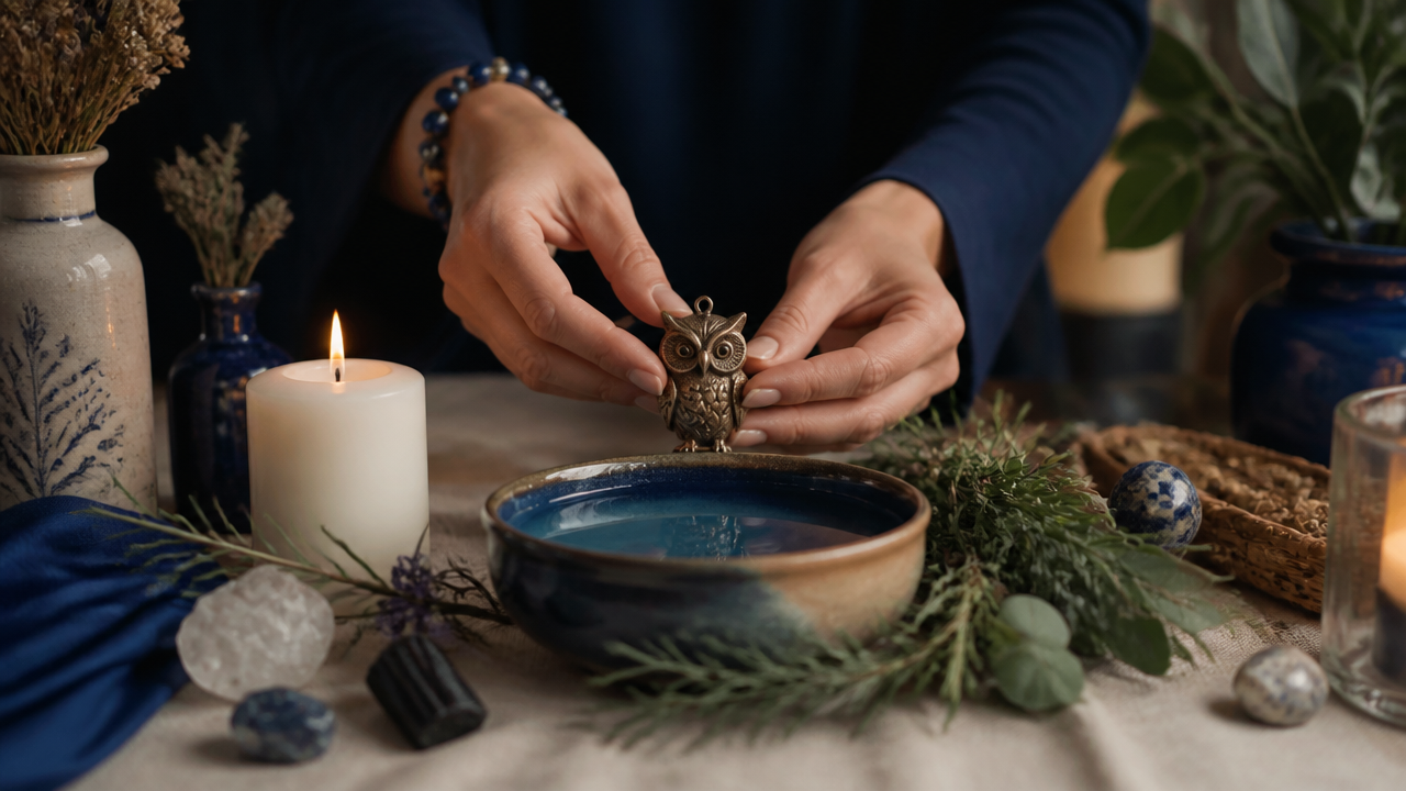 Mãos preparando ritual de proteção com amuleto de coruja