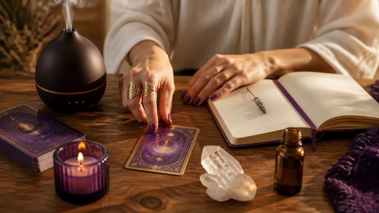Mãos preparando um ritual com carta de tarot, difusor aromático e caderno de intenções