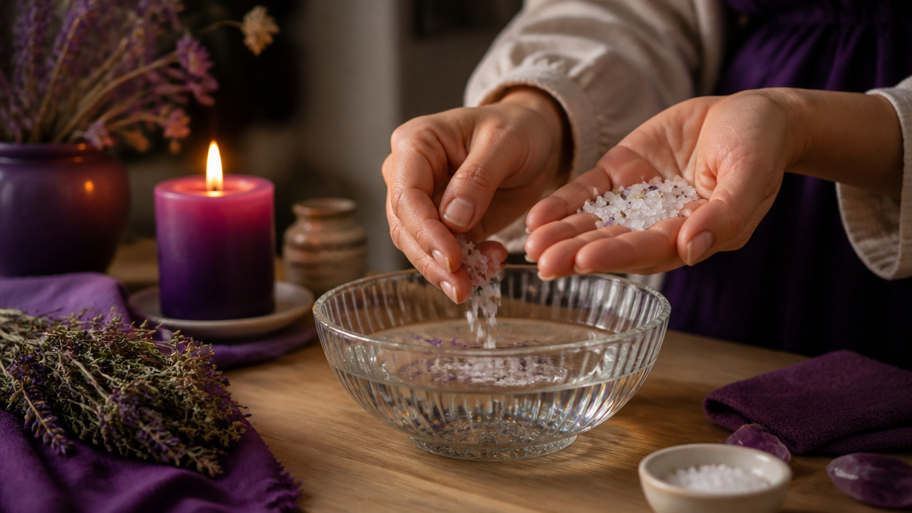 Mãos preparando um ritual noturno simples com água, sal e ervas