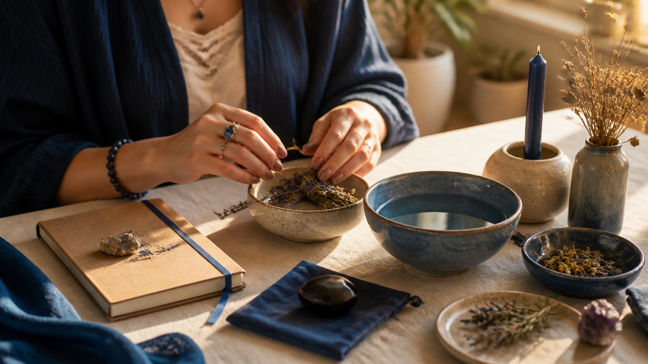 Mãos preparando um ritual simples com ervas, água e pedra de proteção para autocuidado energético