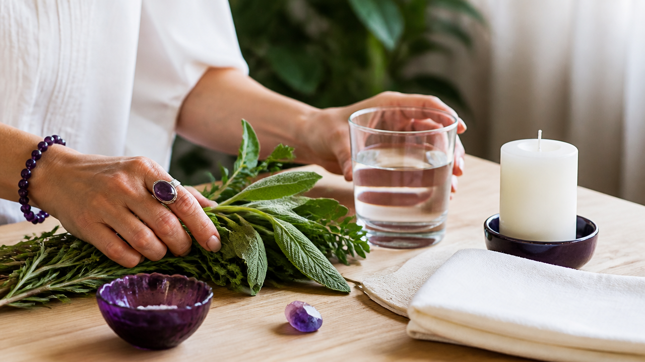 Mãos preparando um ritual simples de limpeza espiritual com ervas, água e vela branca