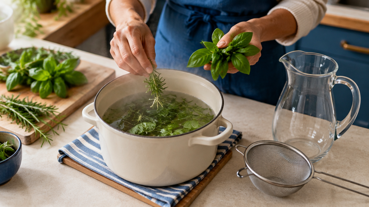Mãos preparando uma infusão de ervas em uma panela e jarra para um banho energético