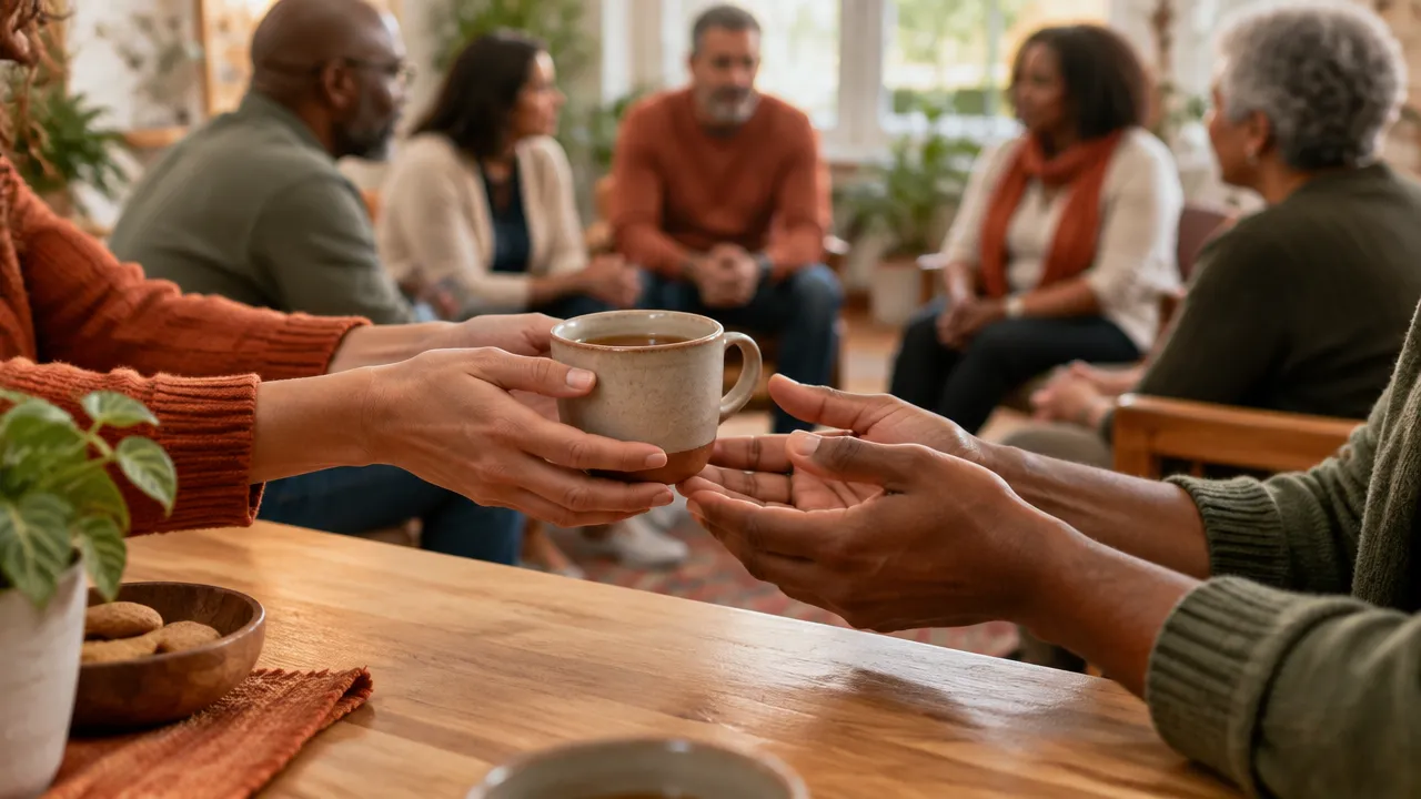 Mãos próximas e gesto de cuidado em um grupo comunitário que conversa e oferece apoio após uma perda