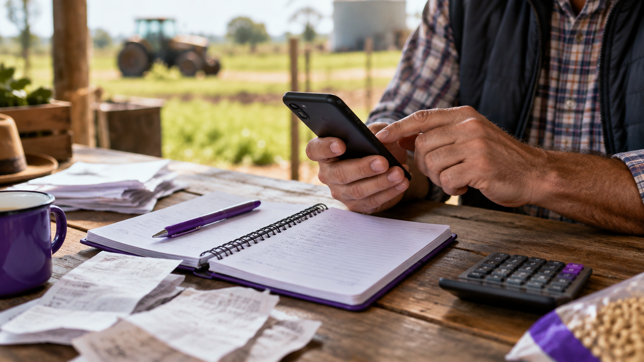 Mãos registram despesas da propriedade rural no celular e em um caderno de caixa