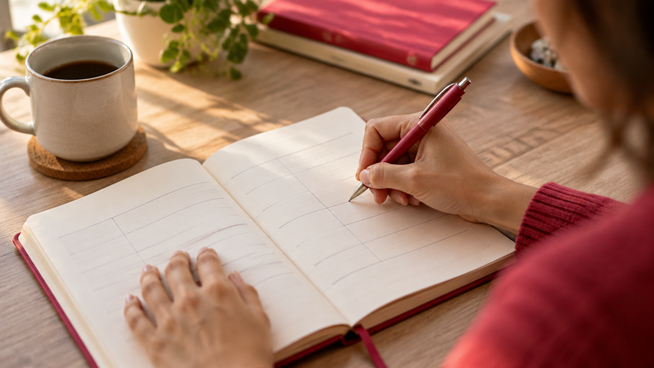 Mãos registram em um caderno uma situação, pensamentos, evidências e uma resposta mais equilibrada
