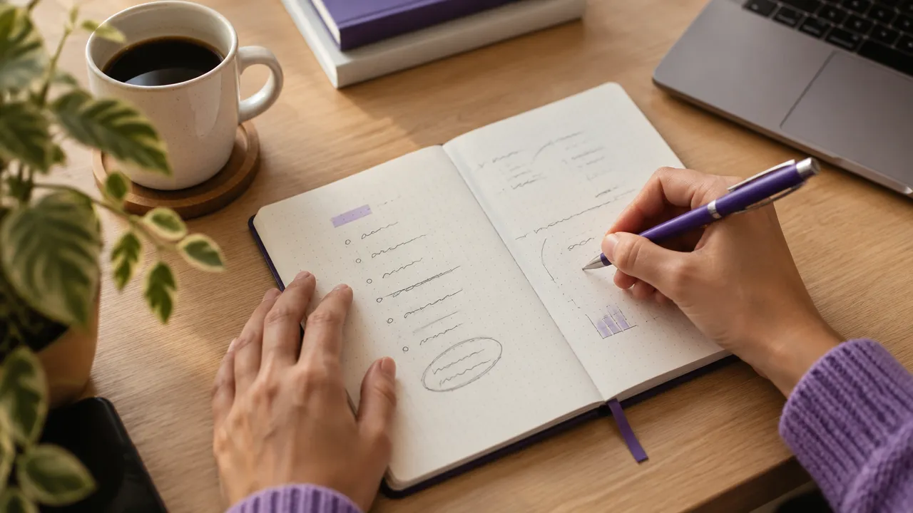 Mãos registram reflexões em um caderno para transformar uma frustração em aprendizagem prática.