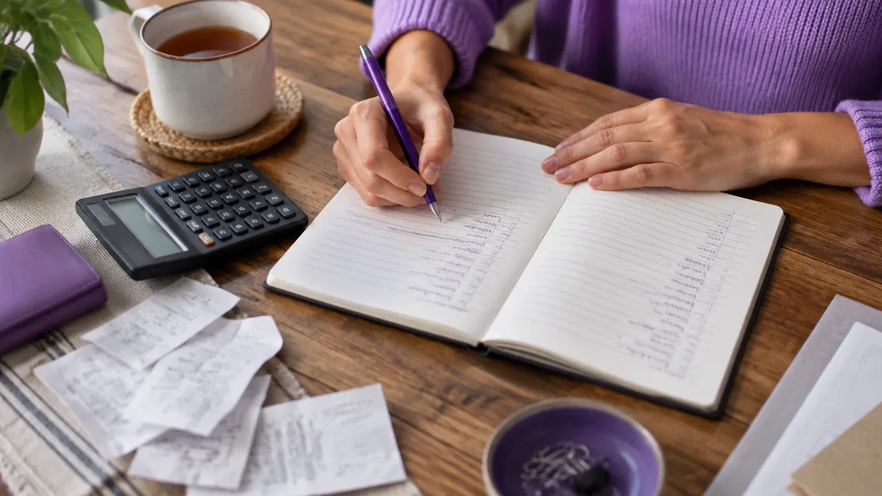 Mãos registrando despesas em um caderno para observar hábitos financeiros