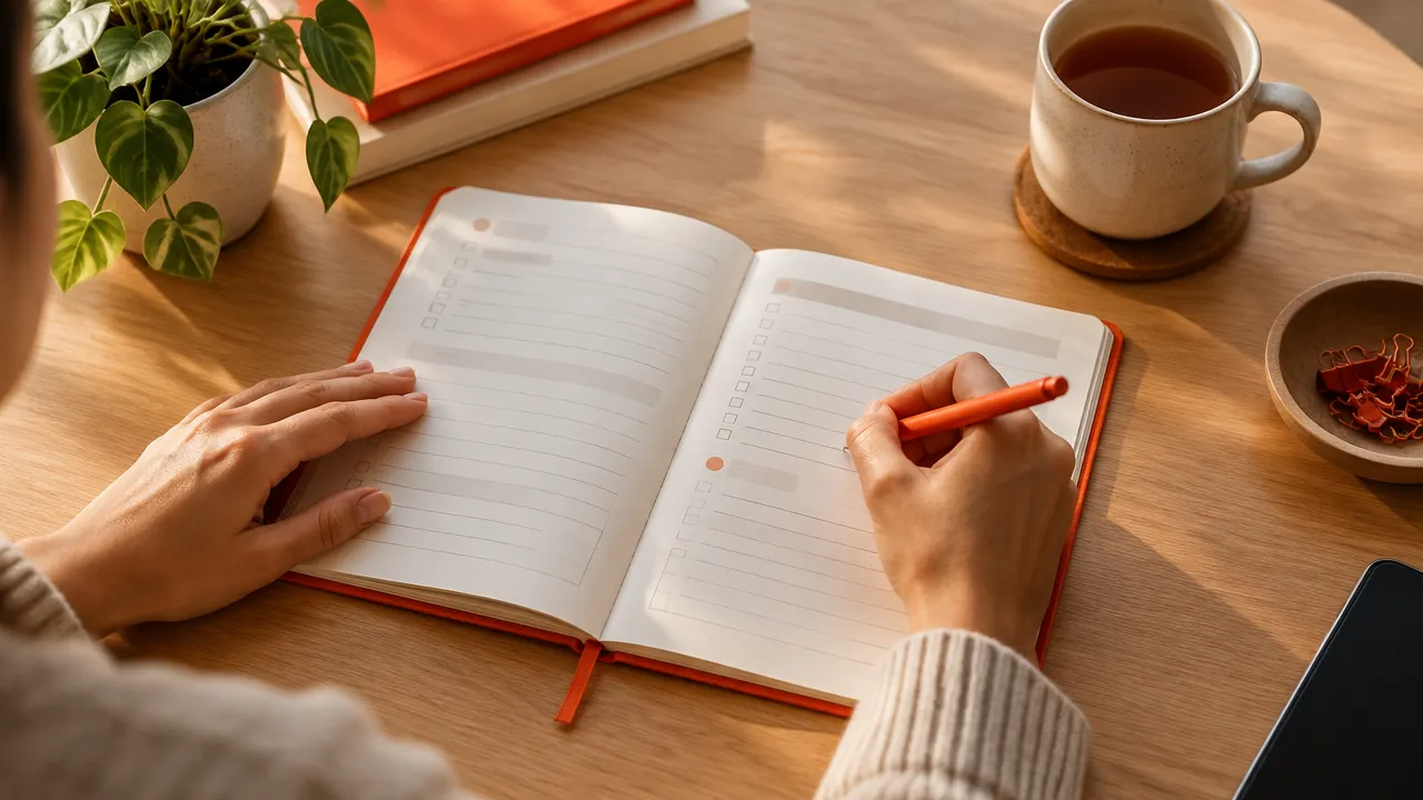 Mãos registrando em um caderno a situação, a emoção e uma resposta consciente