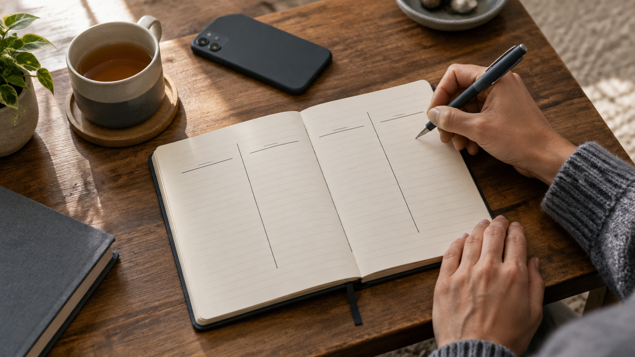 Mãos registrando em um caderno a situação, a interpretação, a emoção e a resposta para investigar narrativas internas