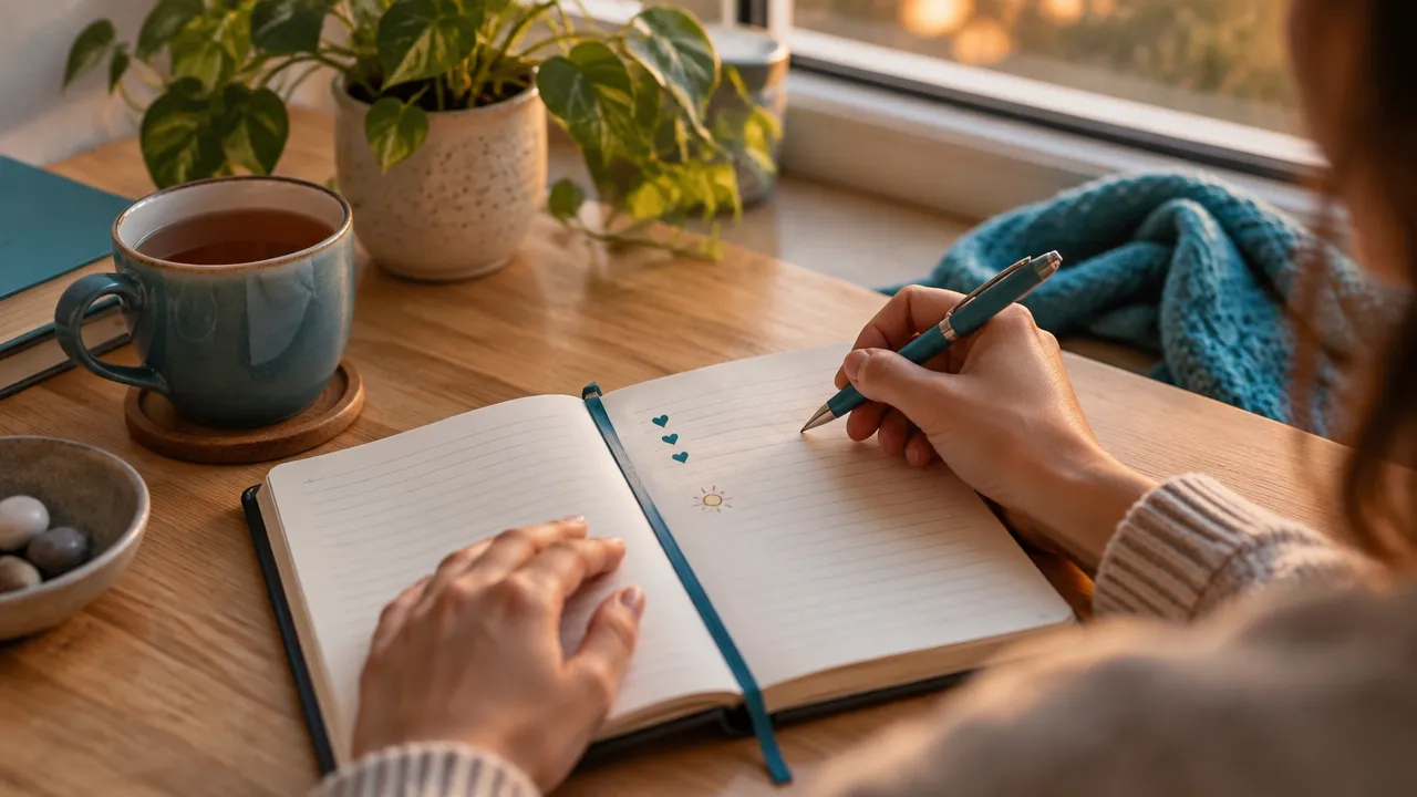 Mãos registrando em um caderno momentos positivos do dia e uma ação consciente para amanhã.