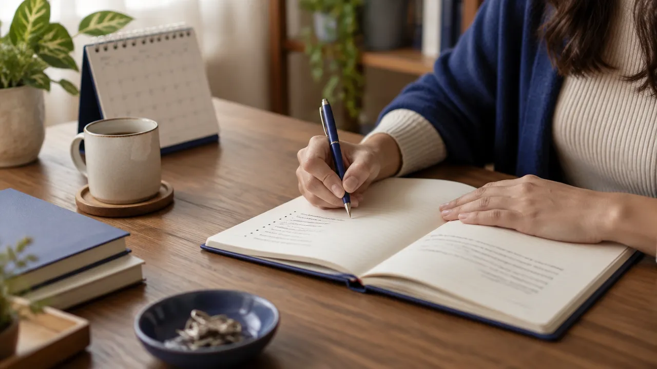 Mãos registrando em um caderno uma prioridade pessoal e uma revisão semanal