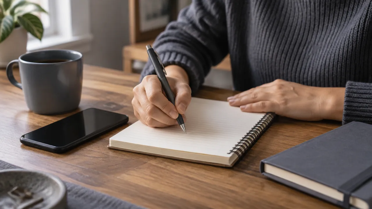 Mãos registrando em um caderno uma reflexão breve após um contratempo cotidiano