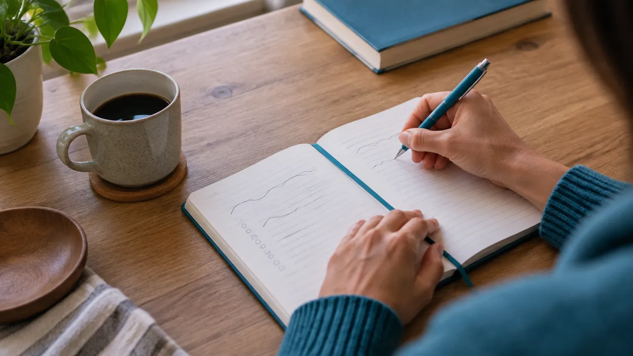 Mãos registrando em um caderno uma reflexão sobre emoções, durante um exercício de autoconhecimento.