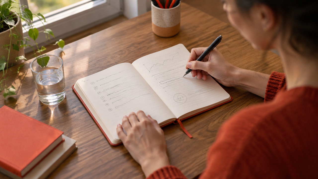 Mãos registrando em um caderno uma situação e as emoções percebidas para revisar padrões