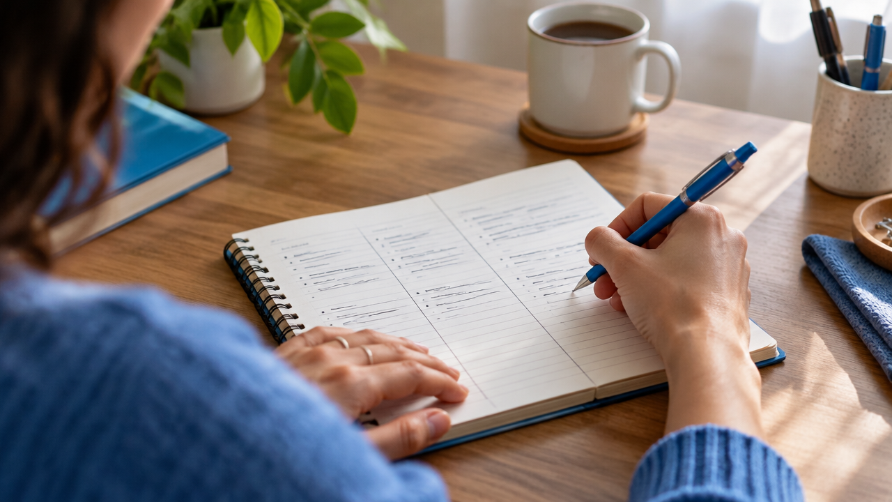 Mãos registrando em um caderno uma situação, um pensamento autocrítico e uma resposta mais equilibrada