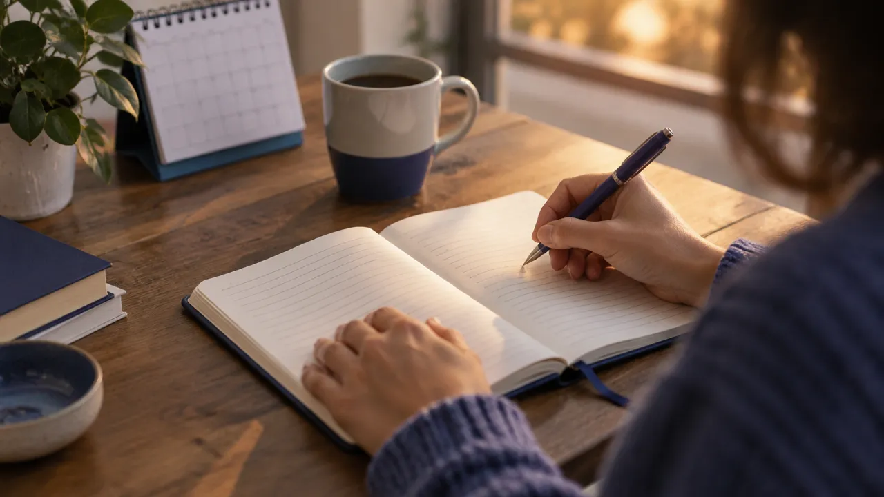 Mãos registrando em um diário momentos significativos do dia como prática de atenção e gratidão realista