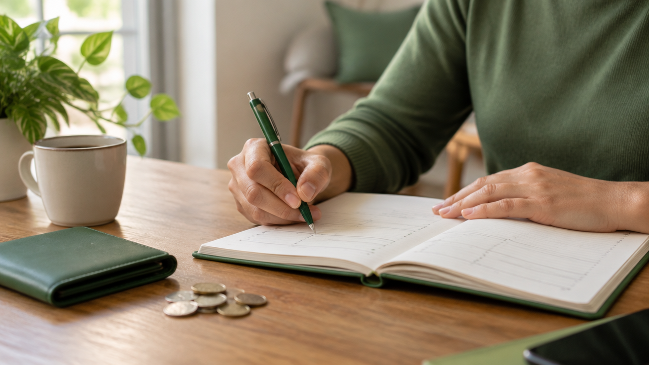 Mãos registrando hábitos financeiros em um caderno para observar padrões com consciência