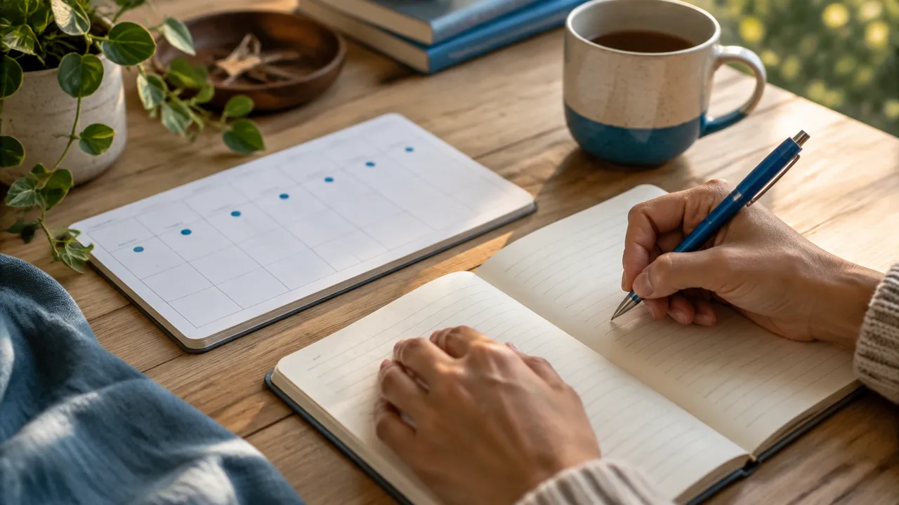 Mãos registrando observações em um diário semanal para praticar a autocoerência no cotidiano.