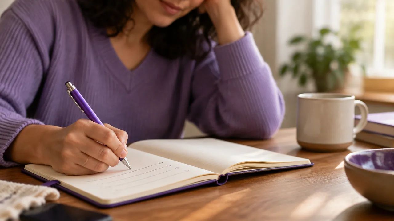 Mãos registrando pensamentos e emoções em um caderno para organizar uma decisão