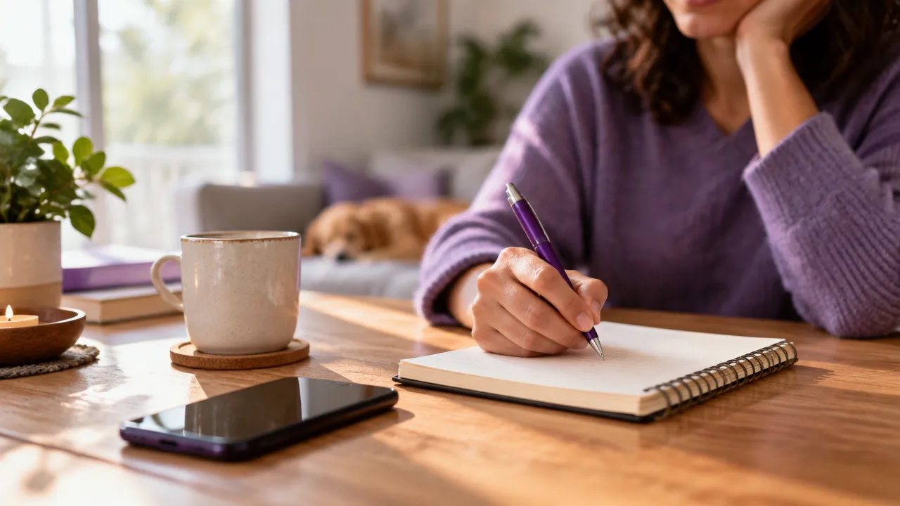 Mãos registrando pensamentos e próximos passos em um caderno antes de tomar uma decisão