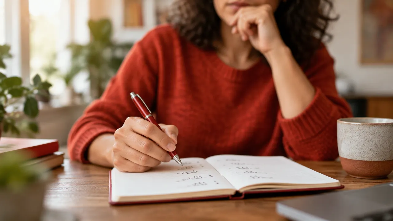 Mãos registrando pensamentos em um caderno durante um exercício de reflexão pessoal