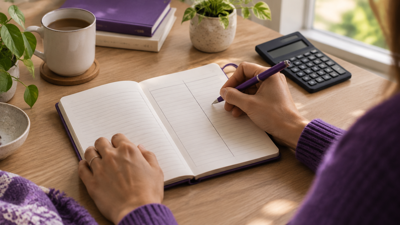 Mãos registrando pensamentos sobre dinheiro em um caderno para reformular crenças de escassez