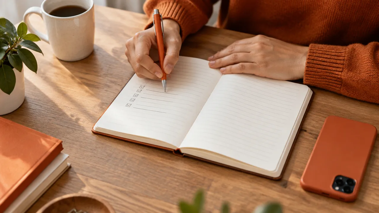 Mãos registrando perguntas em um caderno antes de tomar uma decisão