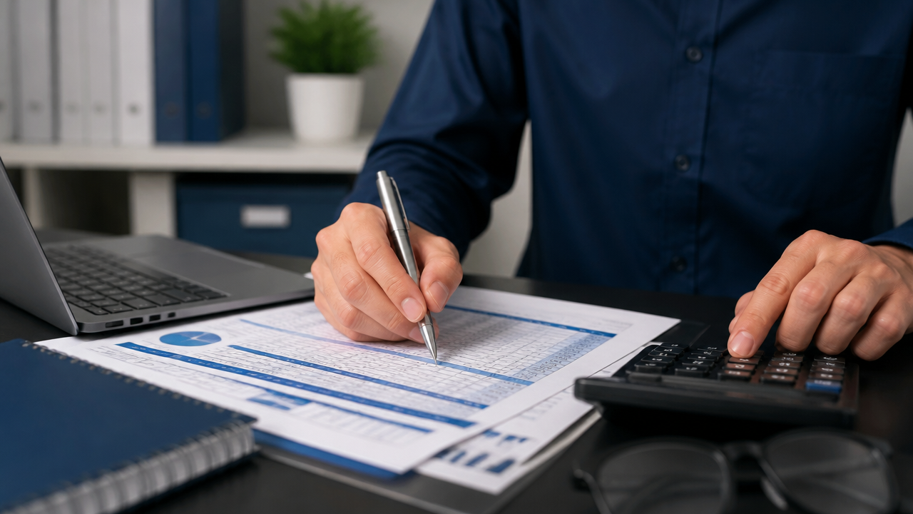 Mãos registrando recebimentos e pagamentos em uma planilha financeira ao lado de um notebook.
