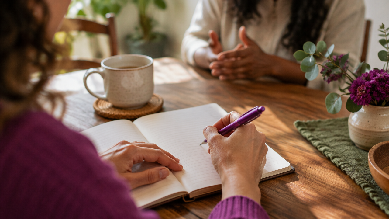 Mãos registrando reflexões em um caderno durante uma pausa consciente antes de uma conversa significativa.