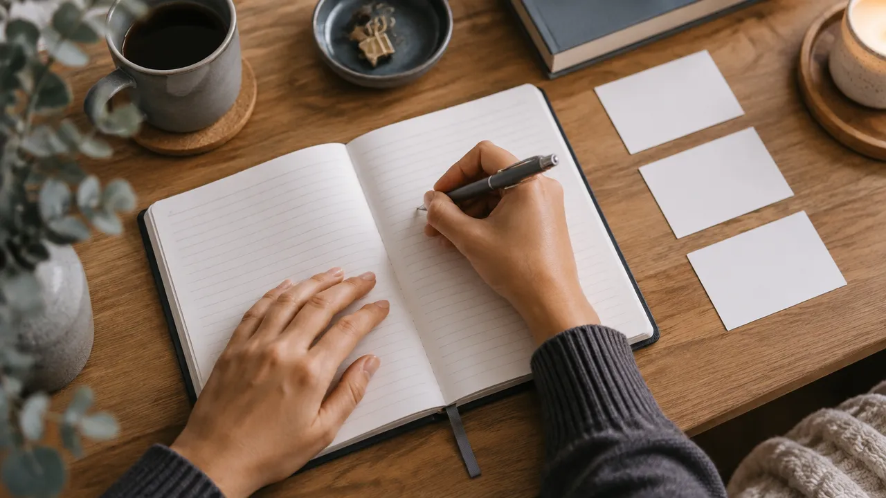 Mãos registrando uma memória em um caderno durante um exercício de autoconhecimento