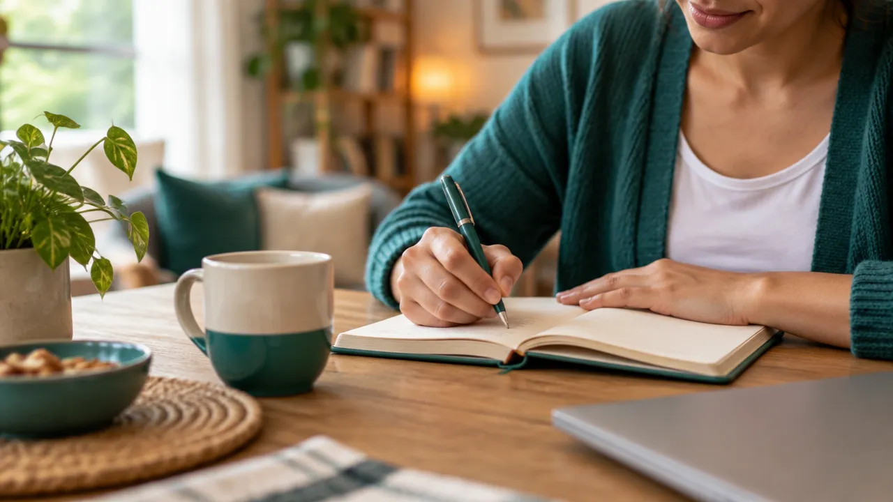 Mãos registrando uma pequena conquista em um caderno durante uma rotina de reflexão diária
