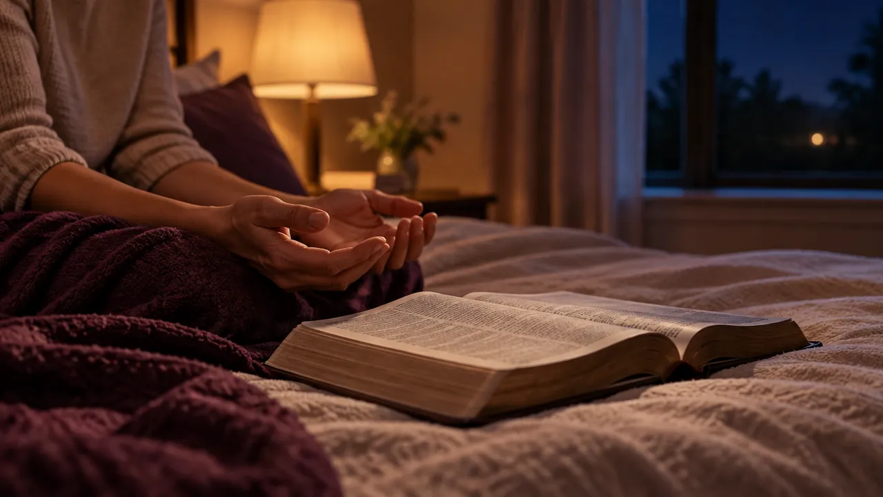 Mãos repousadas junto a uma Bíblia aberta durante um momento sereno de oração antes de dormir.