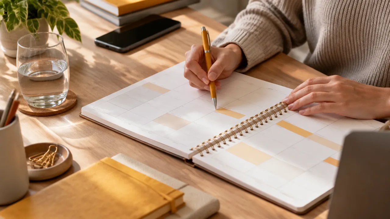 Mãos reservando um intervalo de silêncio no planejador semanal em uma mesa de trabalho