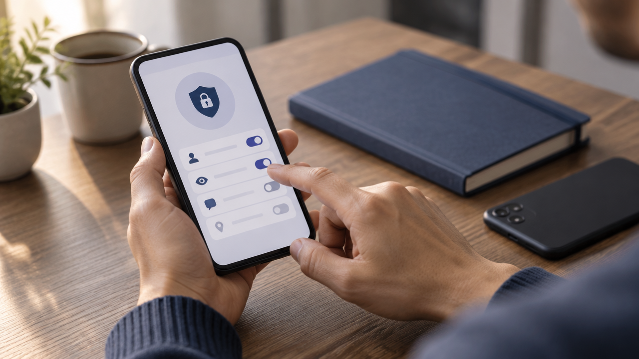 Mãos revisam configurações genéricas de privacidade no celular antes de compartilhar dados