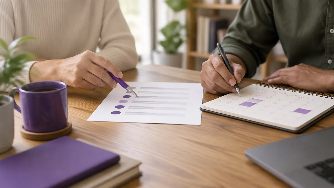 Mãos revisam um plano de acompanhamento e acordos de coaching sobre uma mesa