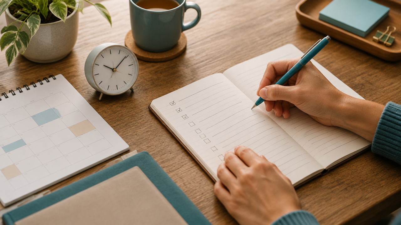Mãos revisando tarefas e estimativas de duração em um caderno para planejar o dia com mais consciência
