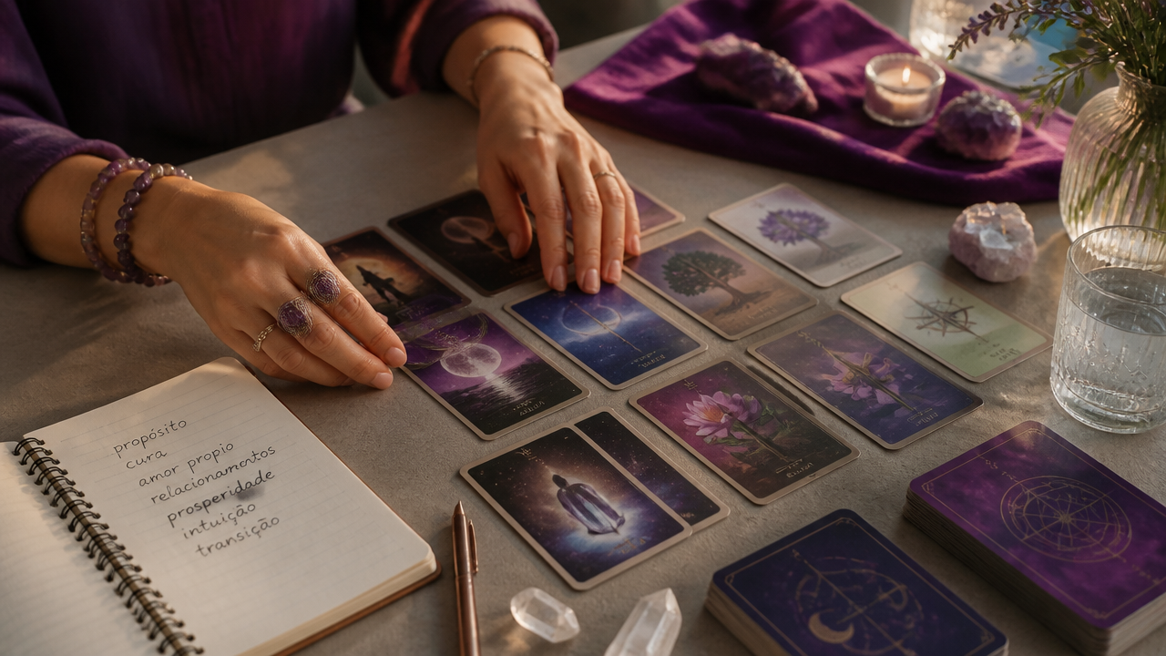 Mãos separando cartas de oráculo por intenção ao lado de caderno e cristais