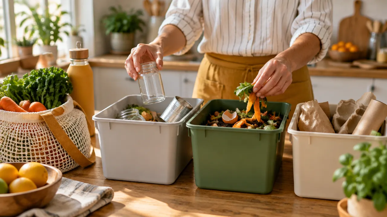 Mãos separando resíduos reutilizáveis e compostáveis numa cozinha iluminada por luz natural