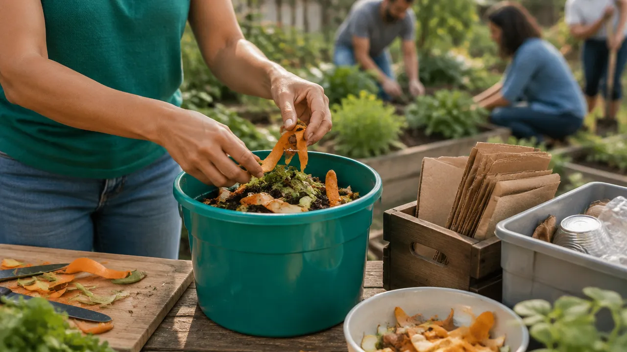 Mãos separando restos de vegetais para compostagem ao lado de materiais recicláveis em um quintal comunitário